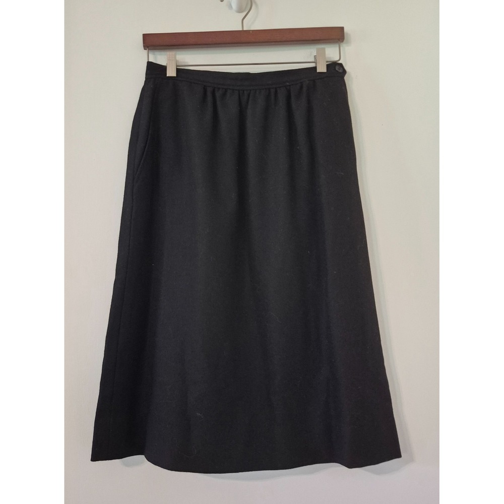 VTG 70s Size Small Black Wool Blend A-Line Midi Skirt Pockets Lined Minimalist